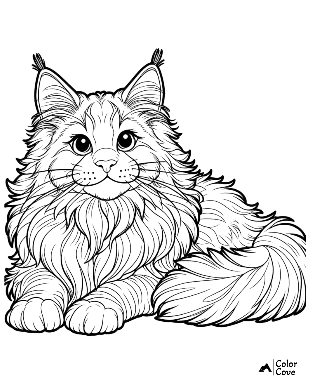 Adorable cat coloring page with intricate fur details, perfect for kids and adults. Relaxing feline art to color.