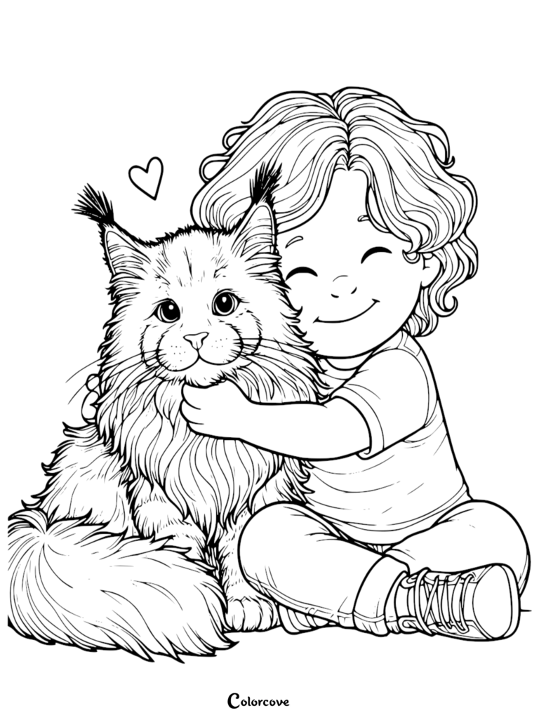 A happy child hugging a fluffy Maine Coon cat in this free printable coloring page.