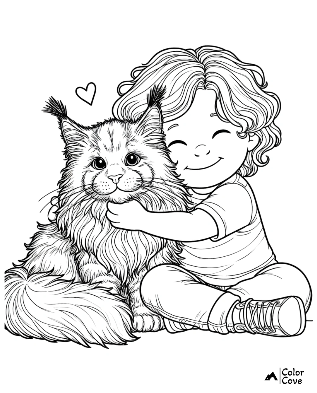 Kid hugging a fluffy Maine Coon cat coloring page. Cute children’s activity with a heartwarming scene. Color Cove.