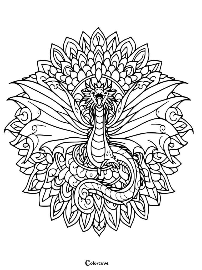 Intricate Dragon Mandala coloring page featuring a roaring dragon centered within symmetrical floral and geometric patterns.