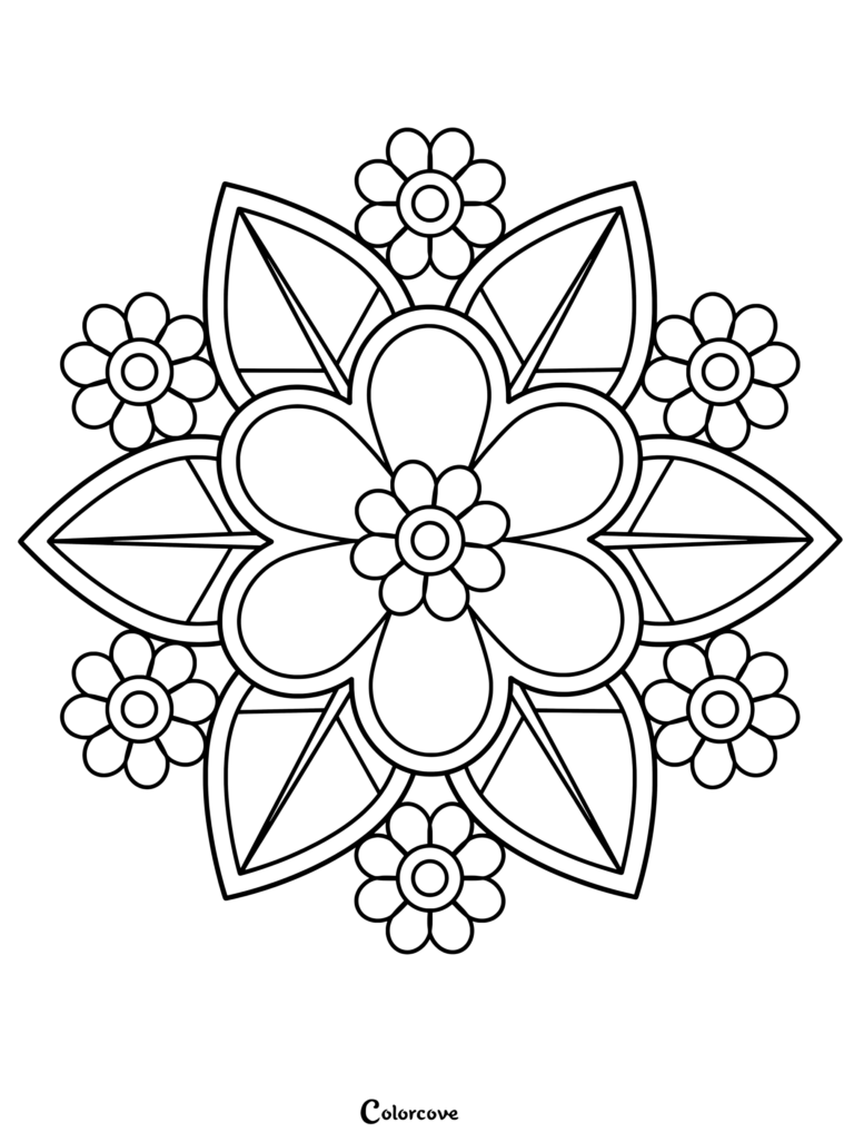 A simple floral mandala coloring page featuring a central flower surrounded by four leaves and four small blossoms.