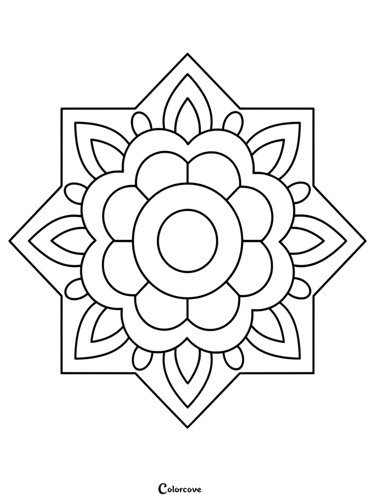 A simple star mandala coloring page featuring a central circle surrounded by rounded petals inside an eight-pointed star frame.