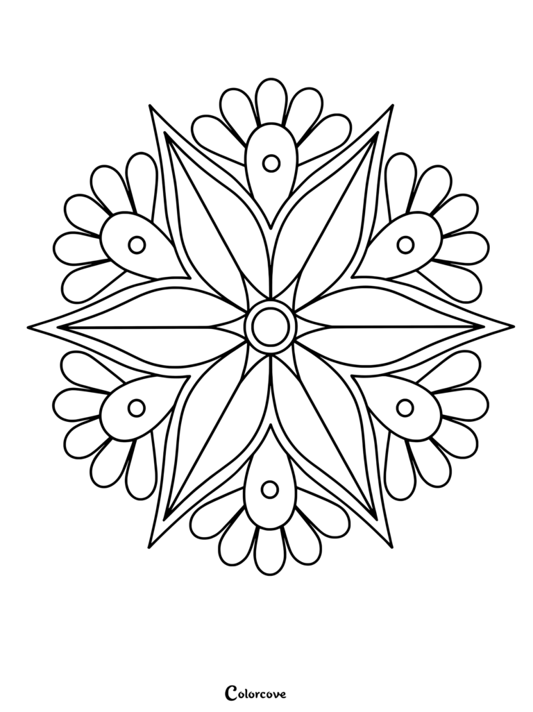 A simple floral mandala coloring page featuring a central circle surrounded by four large petals and four smaller petal clusters with circular centers.