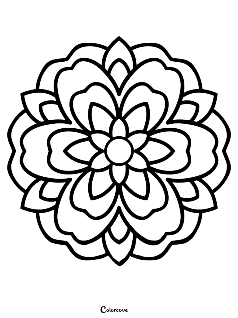 A simple floral mandala coloring page featuring thick black outlines of layered petals radiating from a central circle.