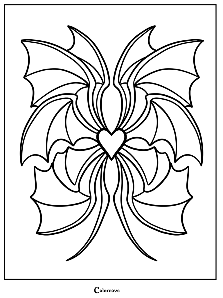 A symmetrical heart shape centered between four large bat wings in this black and white mandala coloring page.