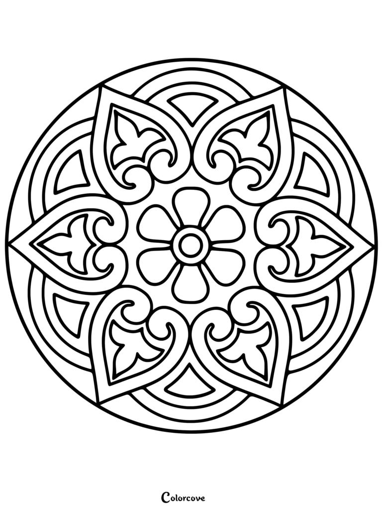 A simple floral mandala coloring page featuring a central six-petaled flower surrounded by four symmetrical heart-shaped scroll patterns.