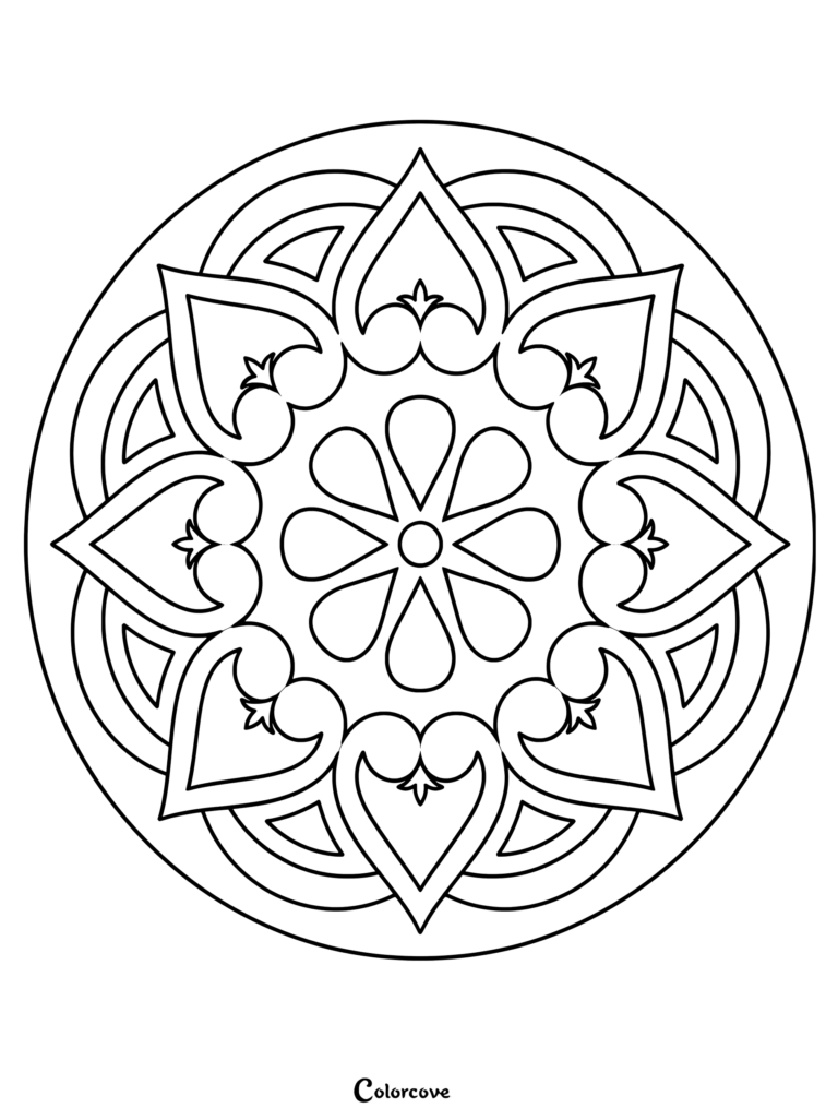 A simple floral heart mandala coloring page featuring a central eight-petal flower surrounded by eight symmetrical heart-shaped petals.
