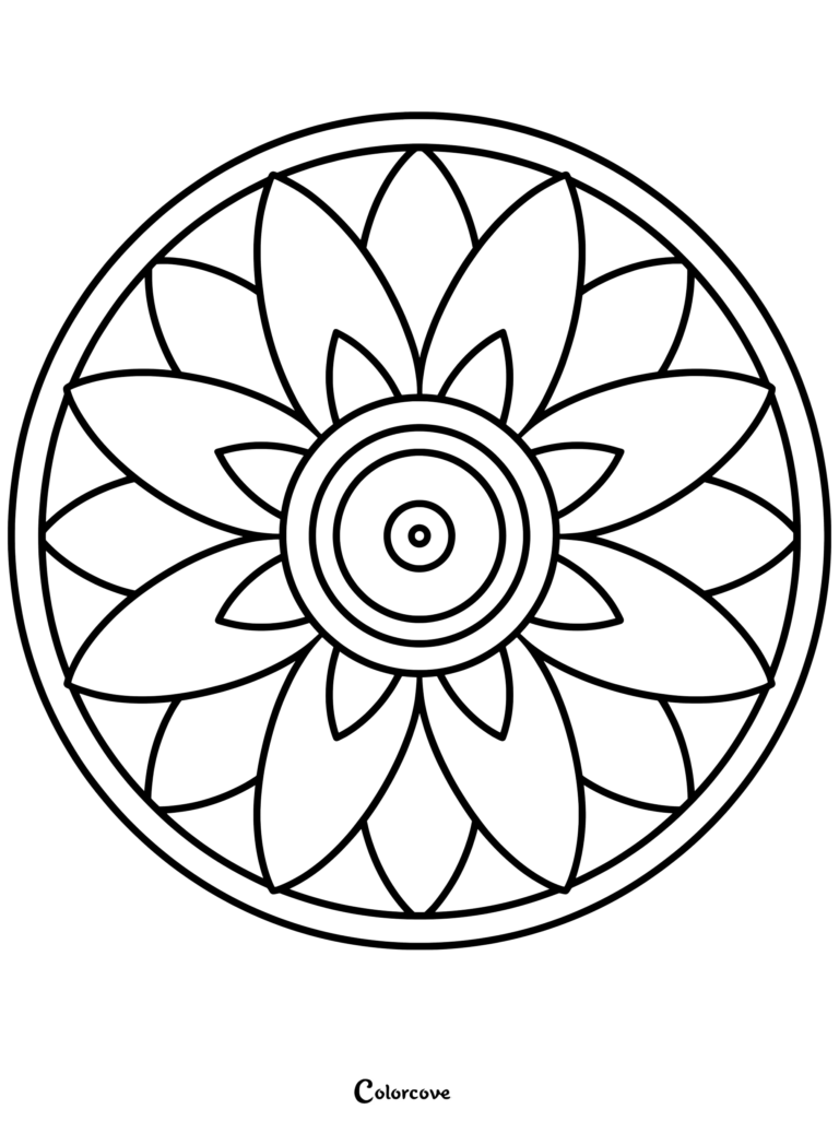 A simple floral mandala coloring page featuring a central circle surrounded by two layers of symmetrical petals.