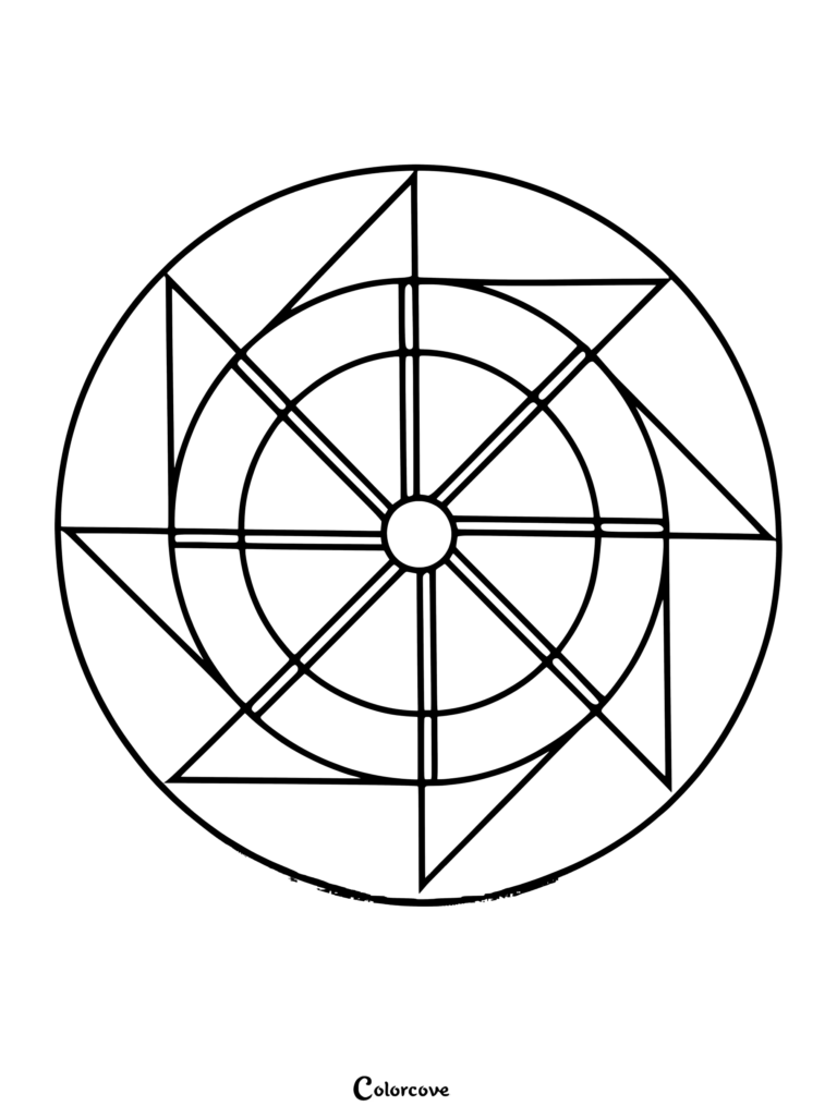 A minimalist geometric mandala coloring page featuring a central circle with radiating lines and triangular outer segments.