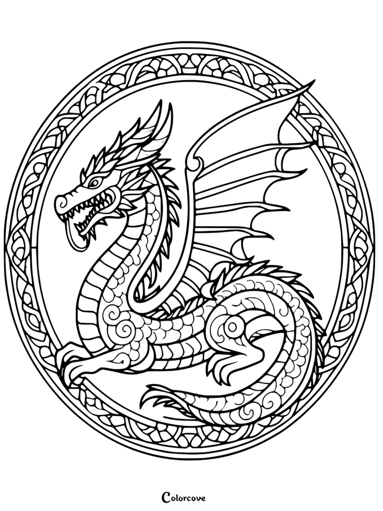 Intricate dragon mandala coloring page featuring a mythical dragon coiled within a decorative Celtic knotwork circular border.