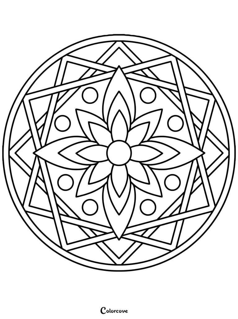 A simple geometric flower mandala coloring page featuring a central blossom surrounded by intersecting squares and circles.