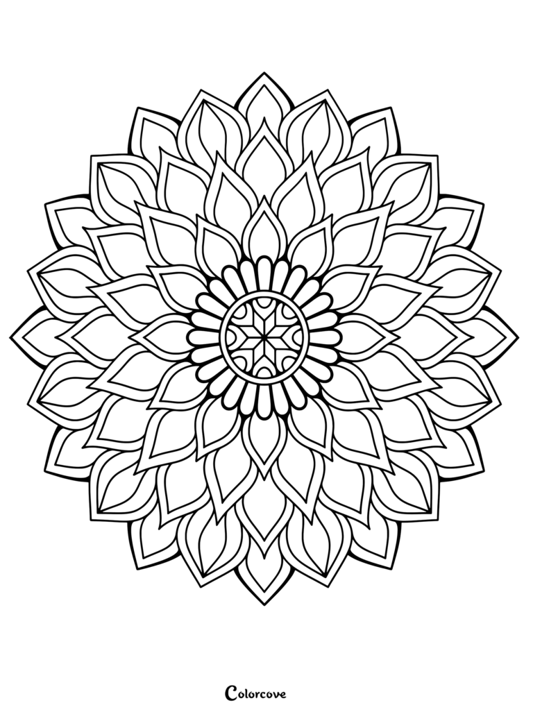 A symmetrical floral mandala coloring page featuring layered pointed petals radiating from a geometric star center.