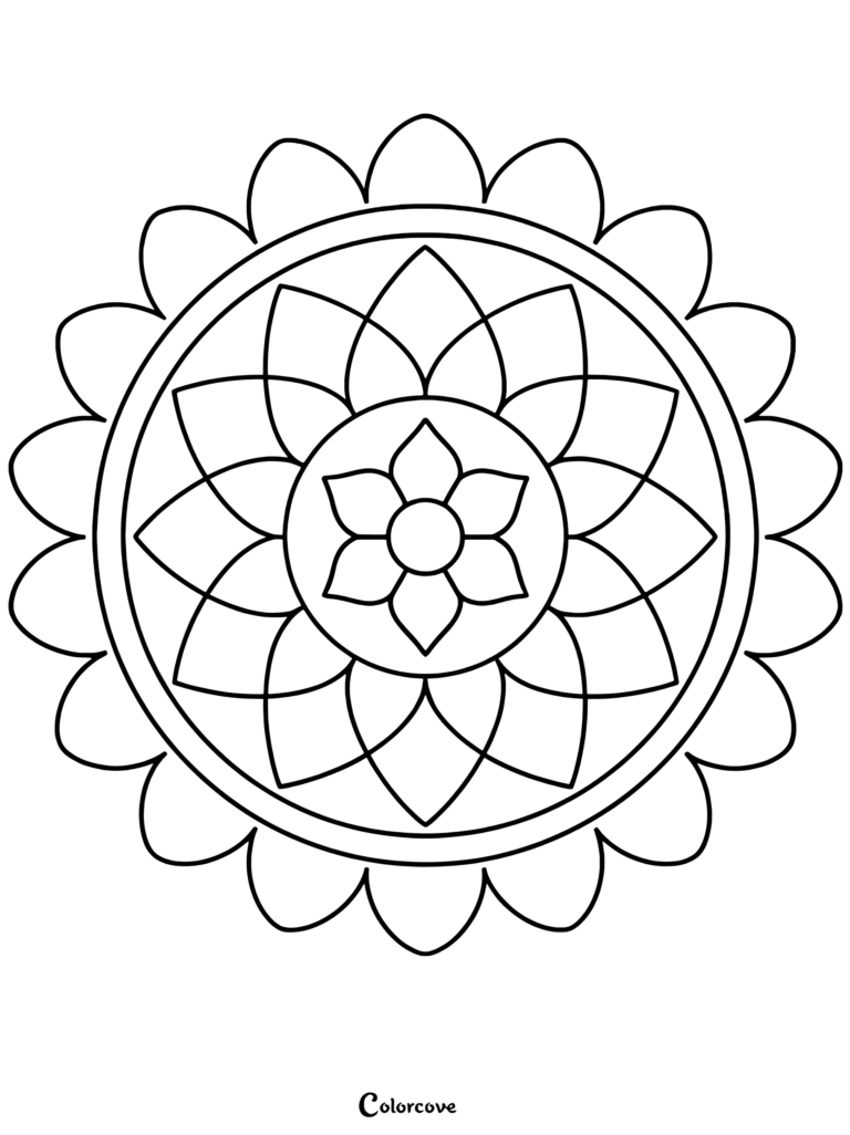A simple floral mandala coloring page featuring a central six-petaled flower surrounded by two layers of rounded petals.