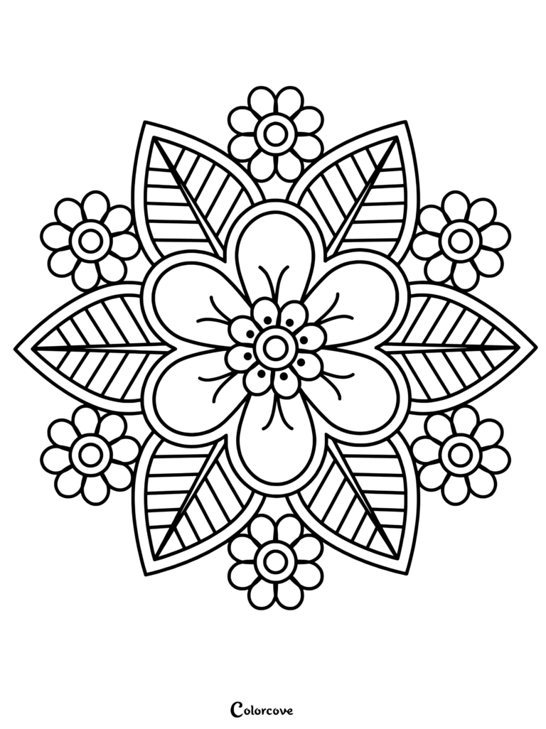 A symmetrical floral mandala coloring page featuring a central flower surrounded by four leaves and four smaller blossoms.