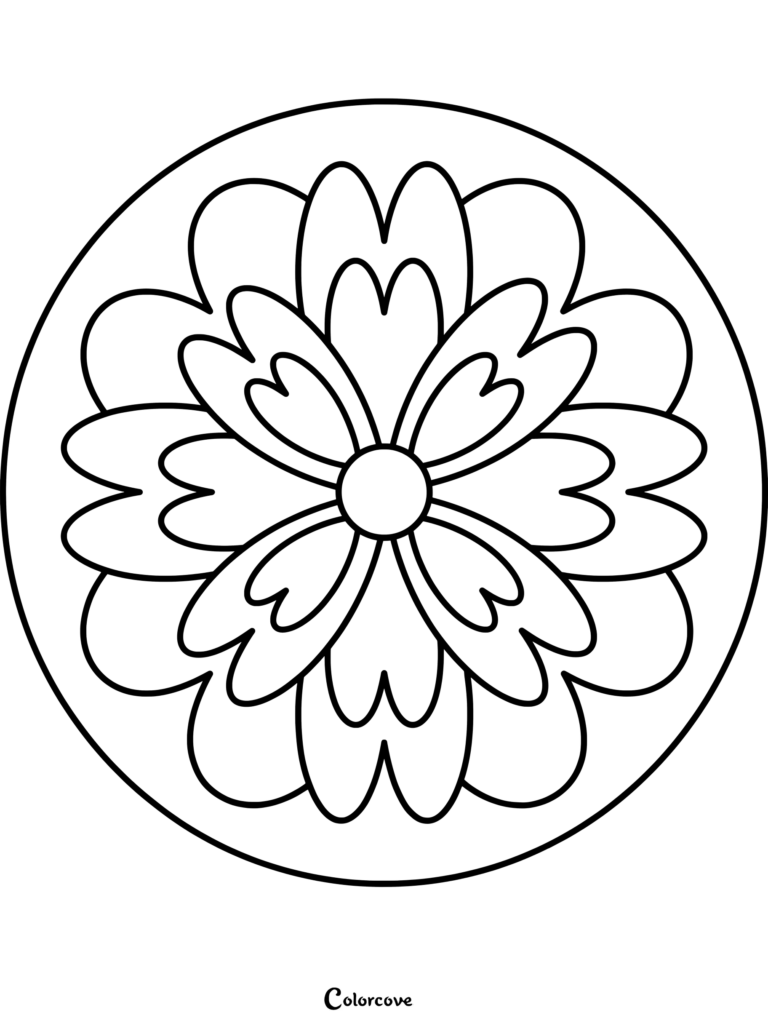 A simple mandala coloring page featuring a central circle surrounded by two layers of symmetrical heart-shaped flower petals.
