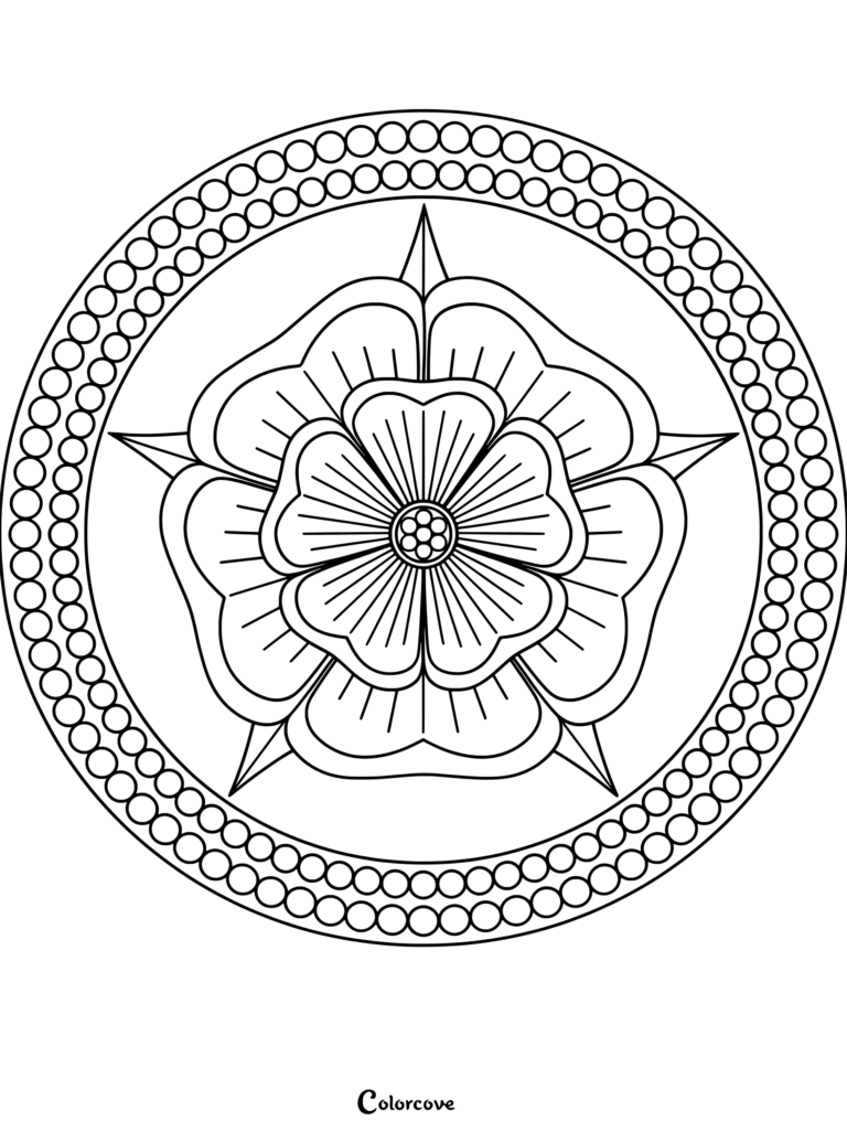 A circular Tudor Rose mandala coloring page featuring a five-petaled flower inside a beaded border.