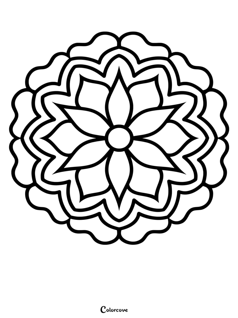 A simple floral mandala coloring page featuring a central circle surrounded by eight symmetrical petals and a scalloped outer border.