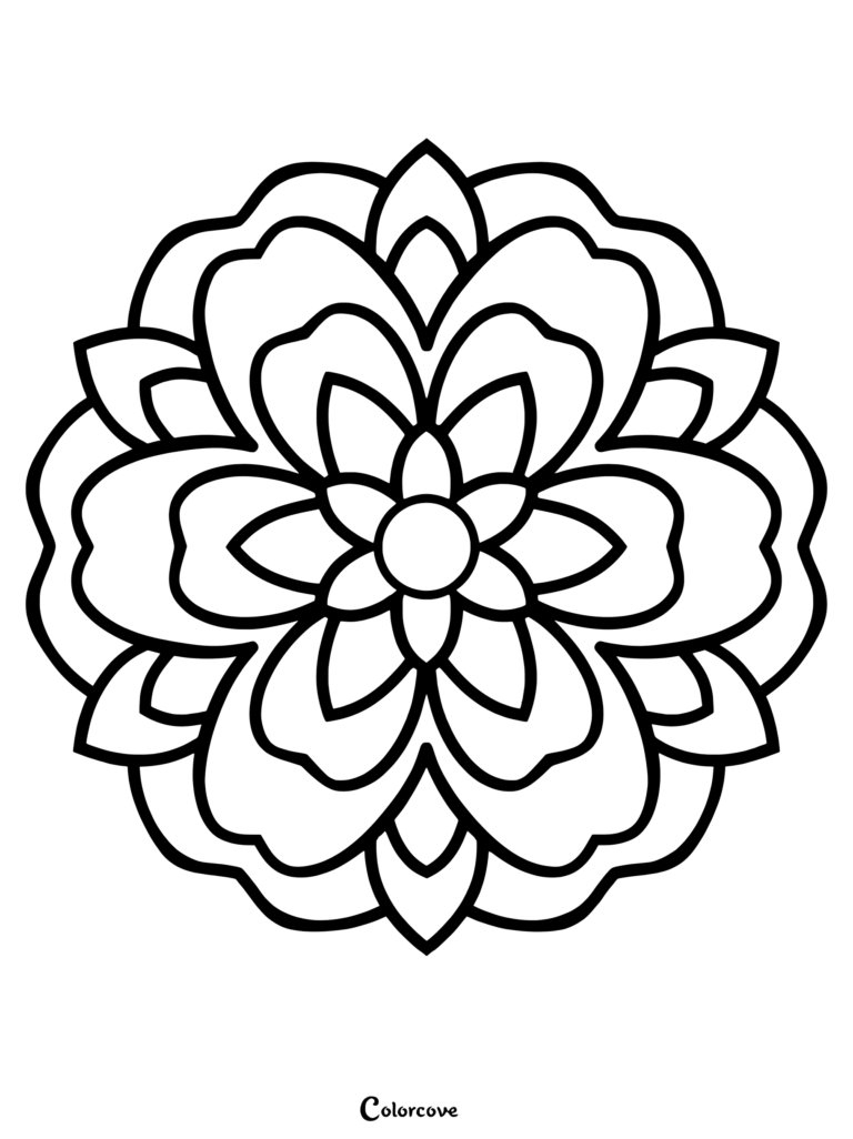 A simple floral mandala coloring page with thick black outlines and symmetrical petal layers.