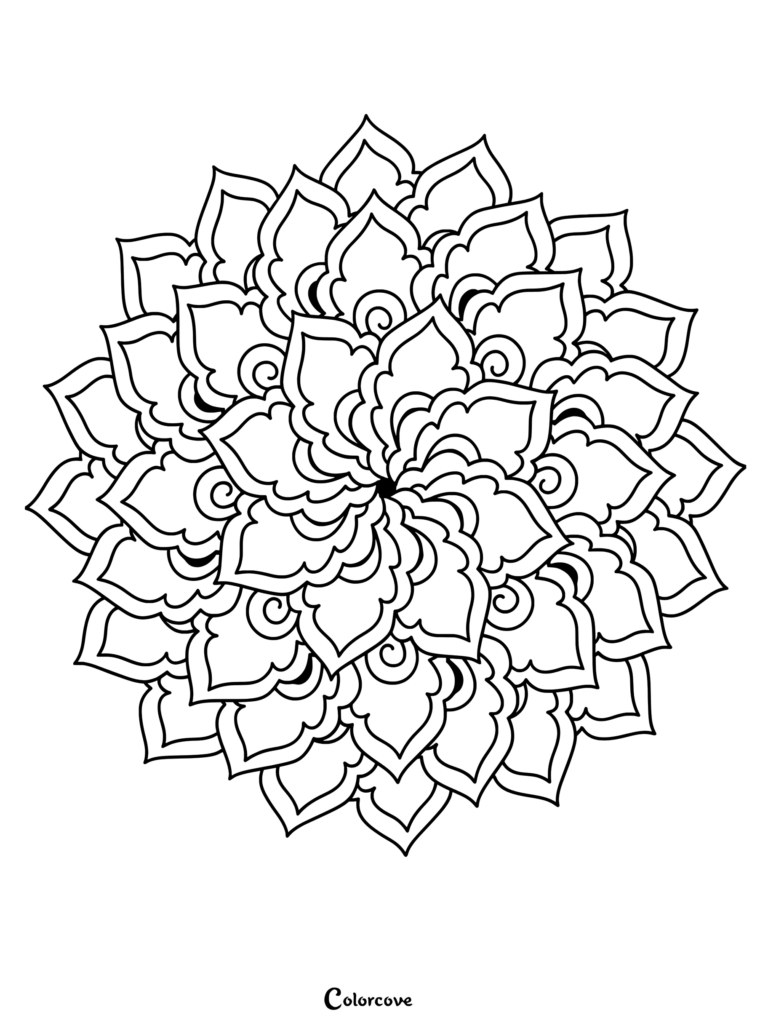 A circular floral mandala coloring page featuring layered, swirling petal shapes with intricate curled accents.