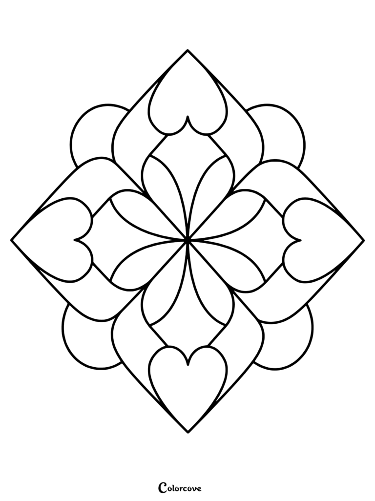 A simple heart mandala coloring page featuring a symmetrical floral design with four heart shapes.