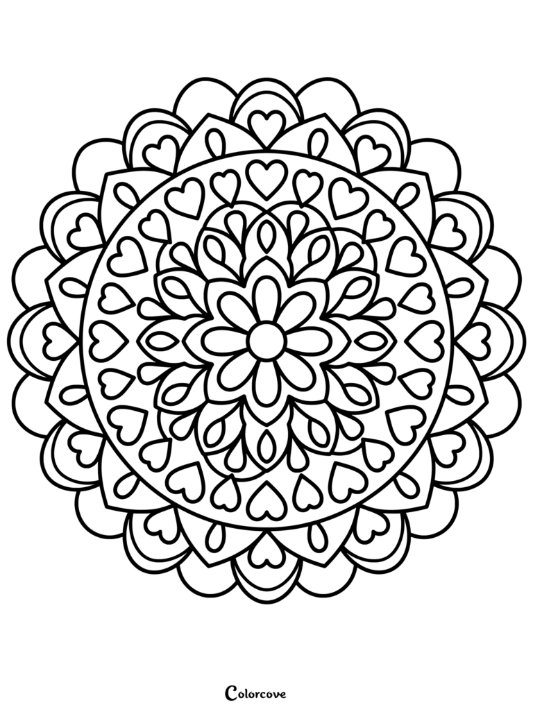 A circular mandala coloring page featuring a central flower surrounded by layers of heart shapes and scalloped borders.