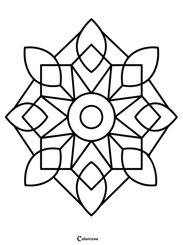 A simple geometric mandala coloring page featuring a central circle surrounded by square frames and petal shapes.