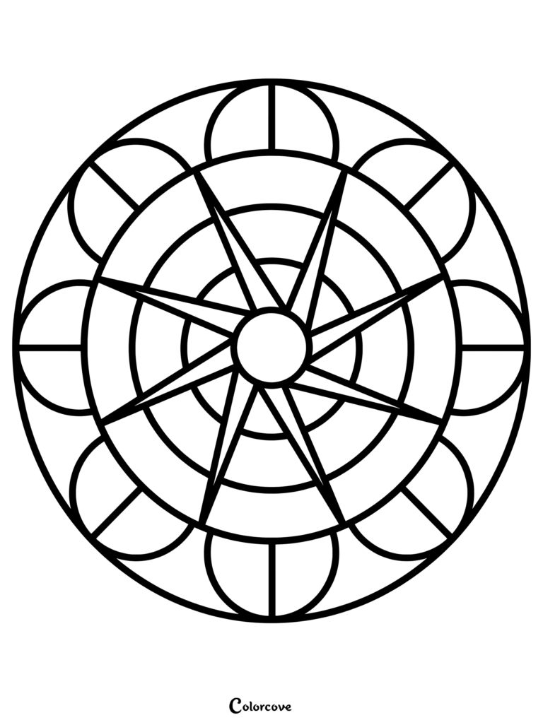 A simple starburst mandala coloring page featuring a central circle with eight radiating points and concentric circular borders.