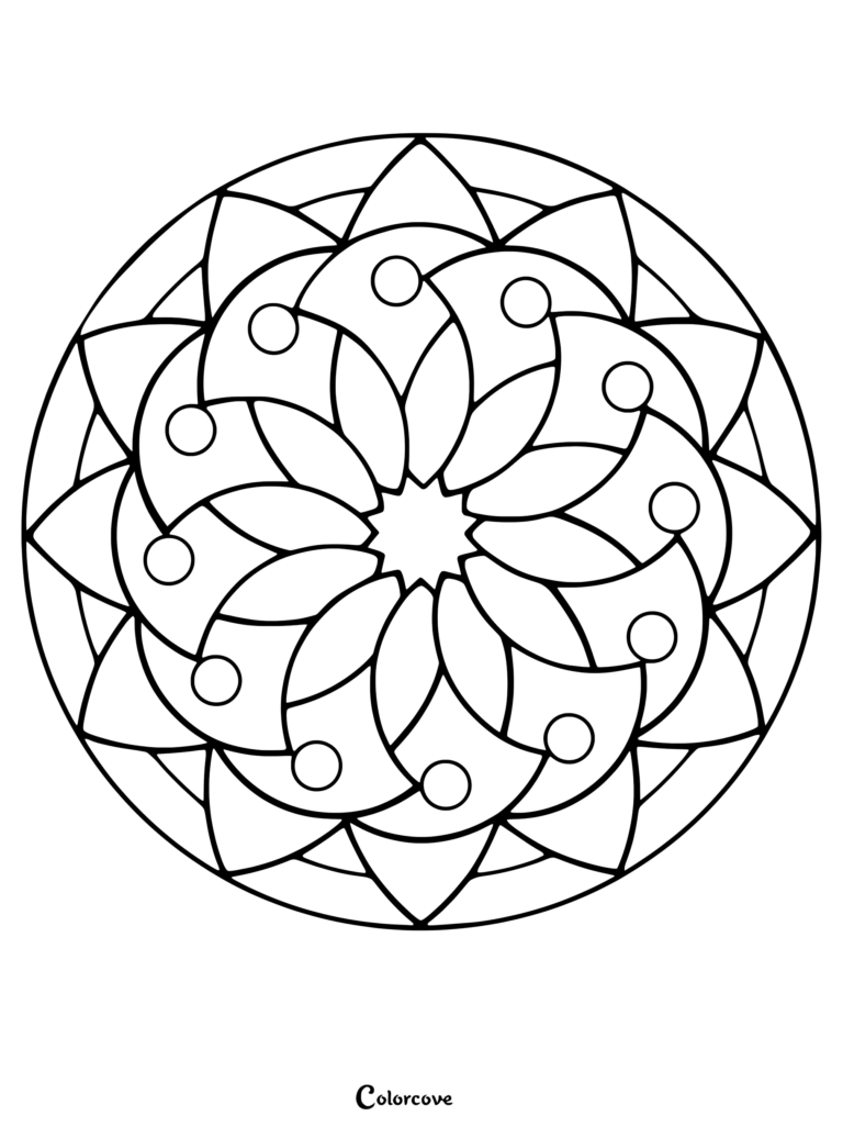 A simple mandala coloring page featuring a central star surrounded by curved petals and small circles.