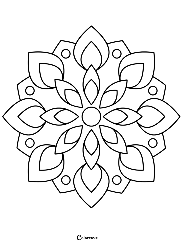 A simple mandala coloring page featuring a central circle surrounded by two layers of symmetrical petals and small circles.