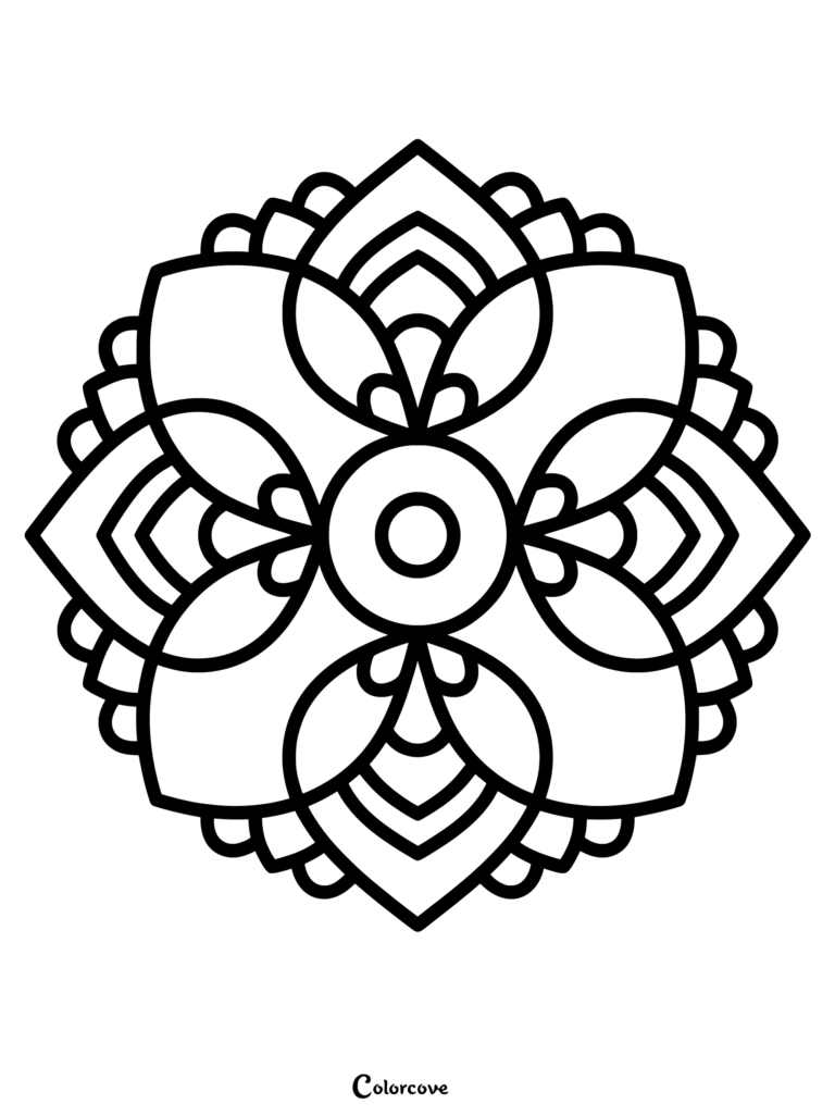 A simple floral mandala coloring page featuring a central circle surrounded by four large petals and scalloped outer edges.