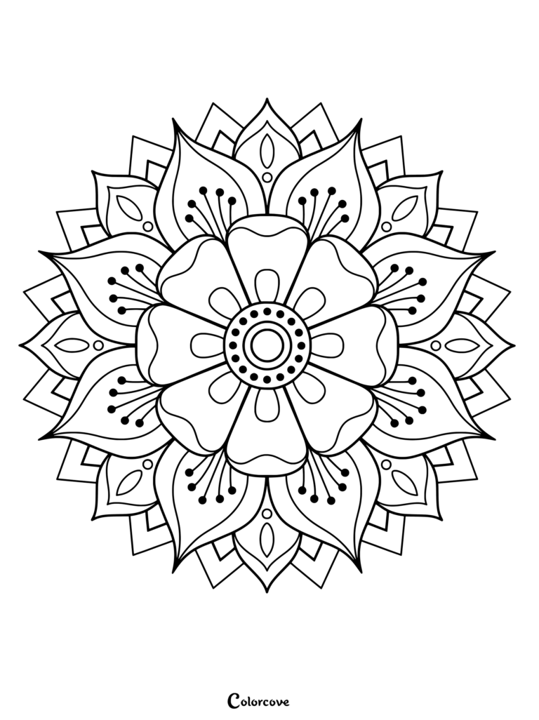 Symmetrical flower mandala with layered petals and central dots.