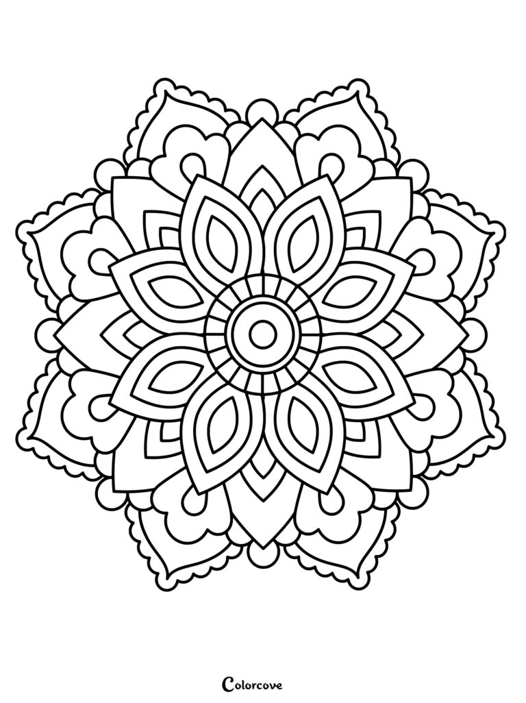 symmetrical floral mandala with layered petals and circles.