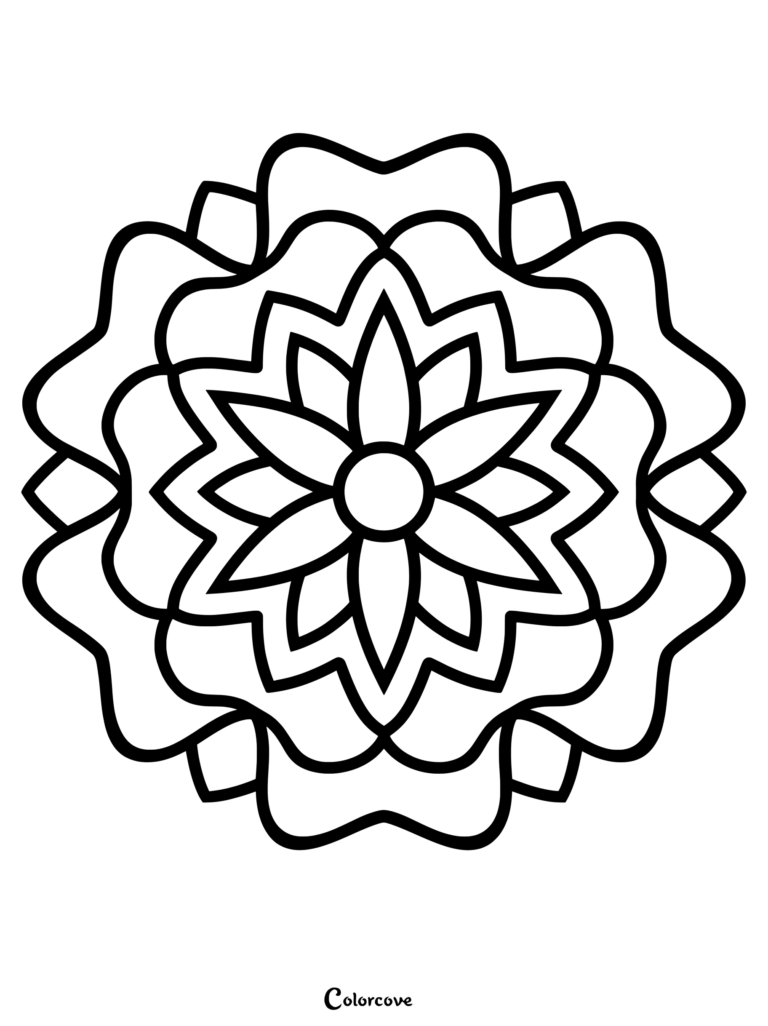 A simple floral mandala coloring page featuring a central circle surrounded by eight pointed petals and a scalloped outer border.