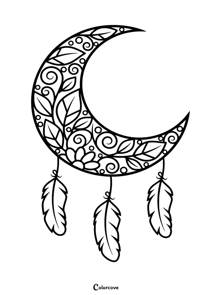 A black and white coloring page featuring a crescent moon decorated with intricate leaves, swirls, and flowers, with three dangling feathers attached to the bottom.