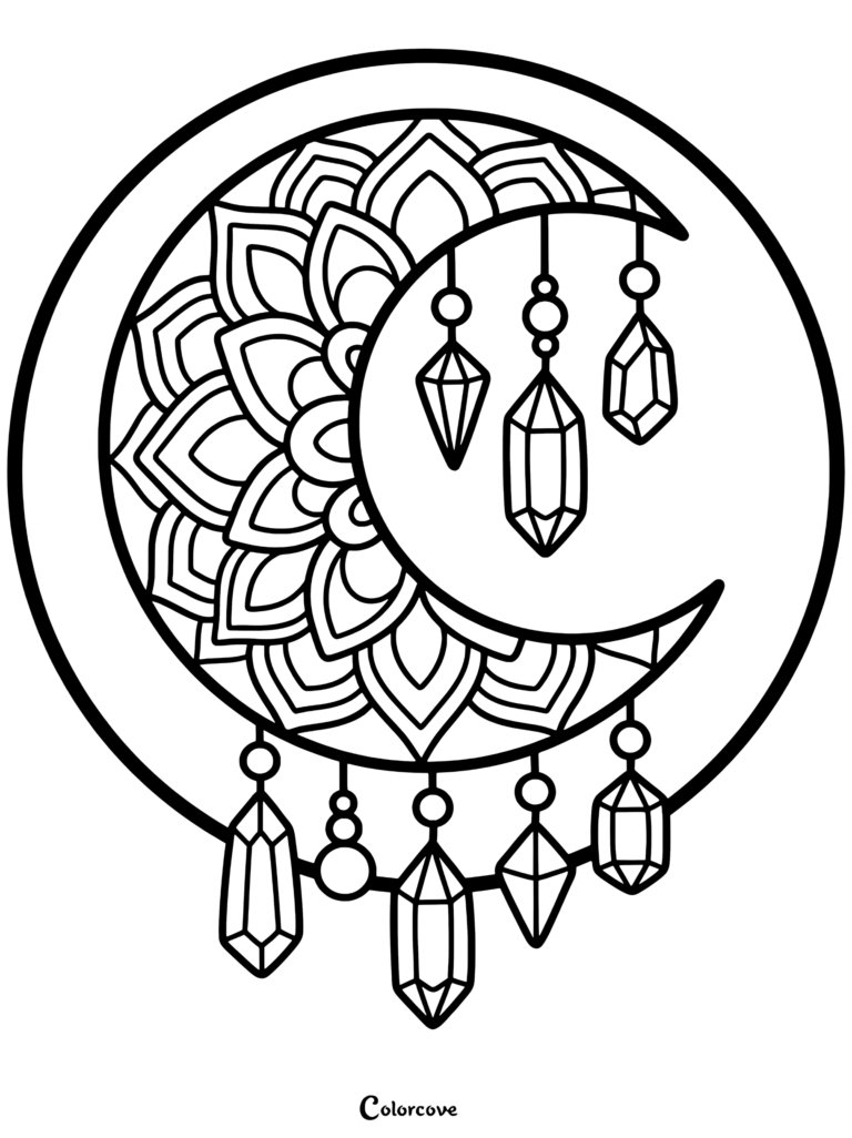 A detailed Moon Mandala coloring page featuring a crescent moon with intricate floral patterns and hanging crystal charms.