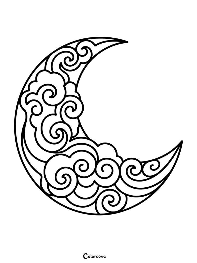 A crescent moon mandala coloring page featuring intricate swirling cloud patterns within the lunar shape.