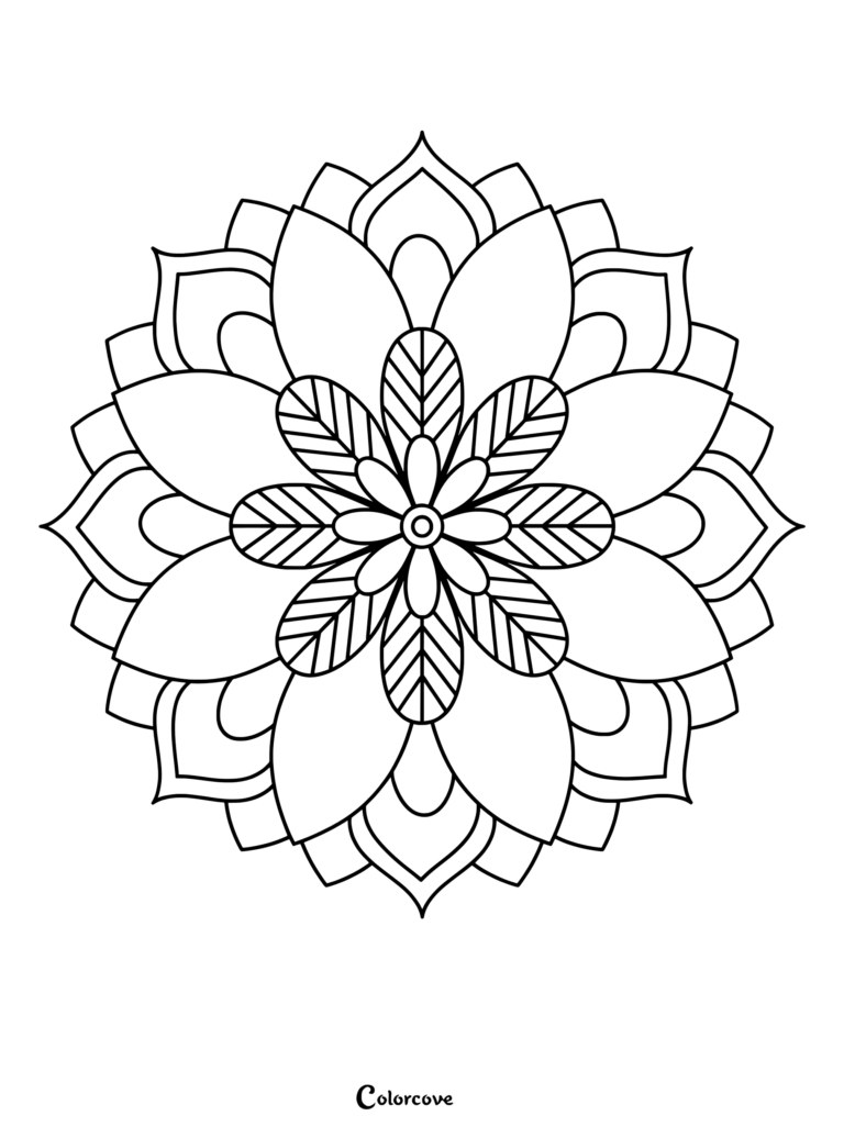 A symmetrical rose mandala coloring page featuring layered petals and leaf-patterned inner details.