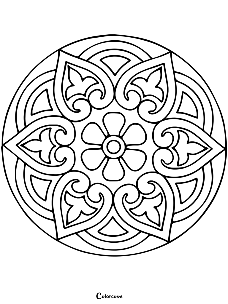 A symmetrical Rose Mandala coloring page featuring a central flower surrounded by intricate heart-shaped petal patterns.