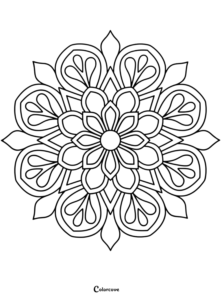 A symmetrical Rose Mandala coloring page featuring layered petal patterns and geometric floral shapes.