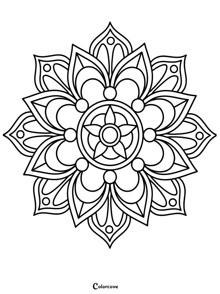 A symmetrical Rose Mandala coloring page featuring a central star pattern surrounded by elegant petal layers and circular accents.