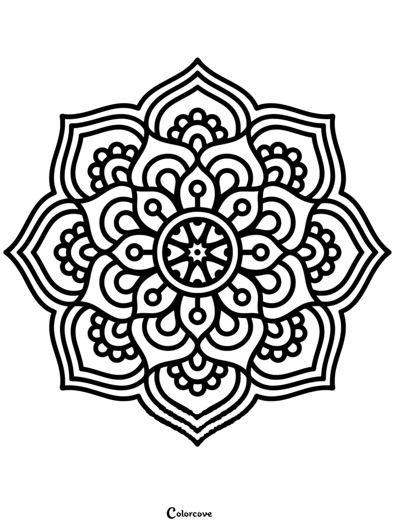 A symmetrical Rose Mandala coloring page featuring intricate floral petals and geometric circular patterns.