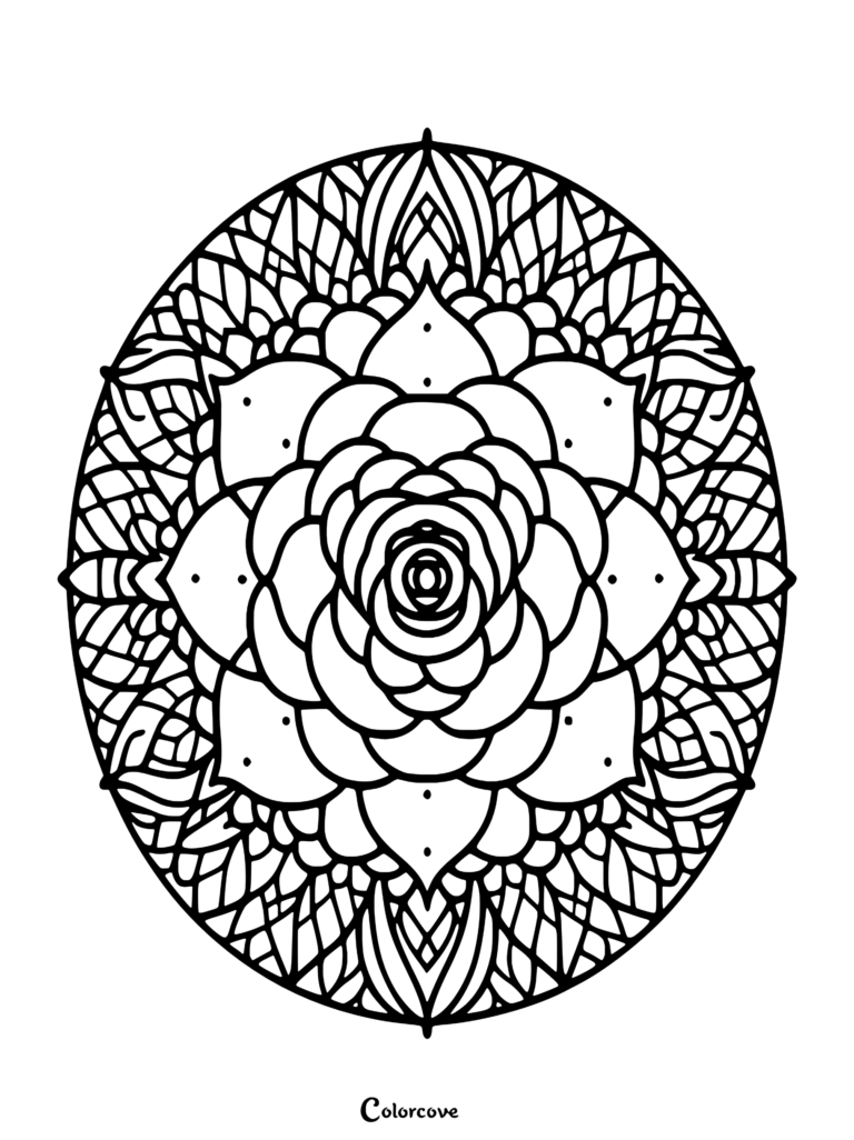 A detailed Rose Mandala coloring page featuring symmetrical floral petals and intricate geometric lattice patterns.
