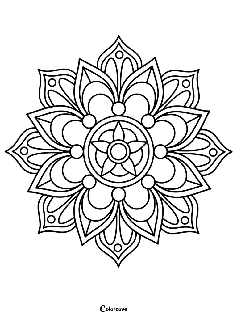 A simple floral mandala coloring page featuring a central five-pointed star surrounded by symmetrical petals and circular accents.