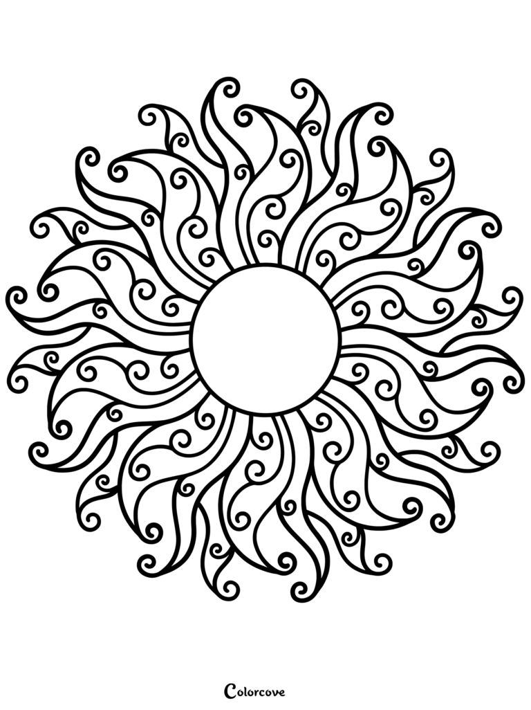 A circular sun mandala coloring page featuring intricate swirling flame-like rays radiating from a central blank circle.