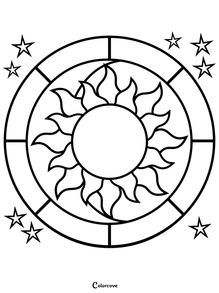A simple sun mandala coloring page featuring a central sun with wavy rays inside a circular frame surrounded by small stars.