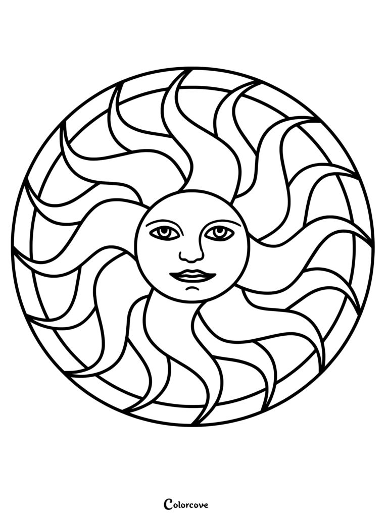 A circular sun mandala coloring page featuring a serene face with flowing, wavy sun rays enclosed in a circular border.