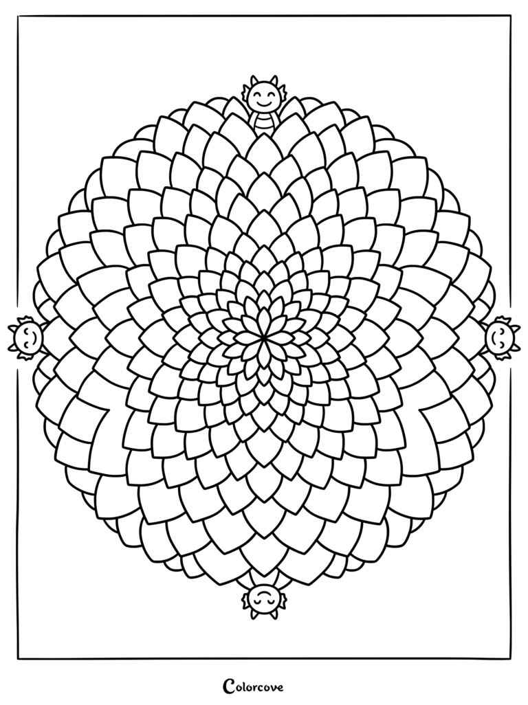 A circular mandala coloring page featuring a symmetrical floral pattern surrounded by four small, smiling dragons at the cardinal points.