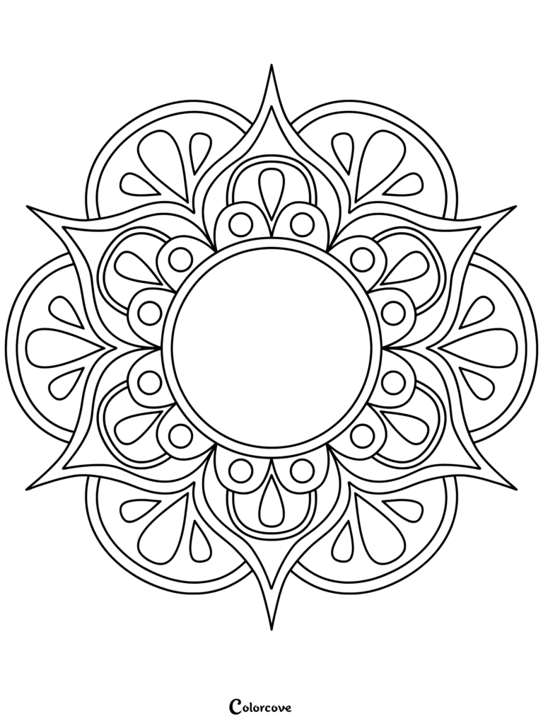 A simple mandala coloring page featuring a central circle surrounded by teardrop petals and small circles.