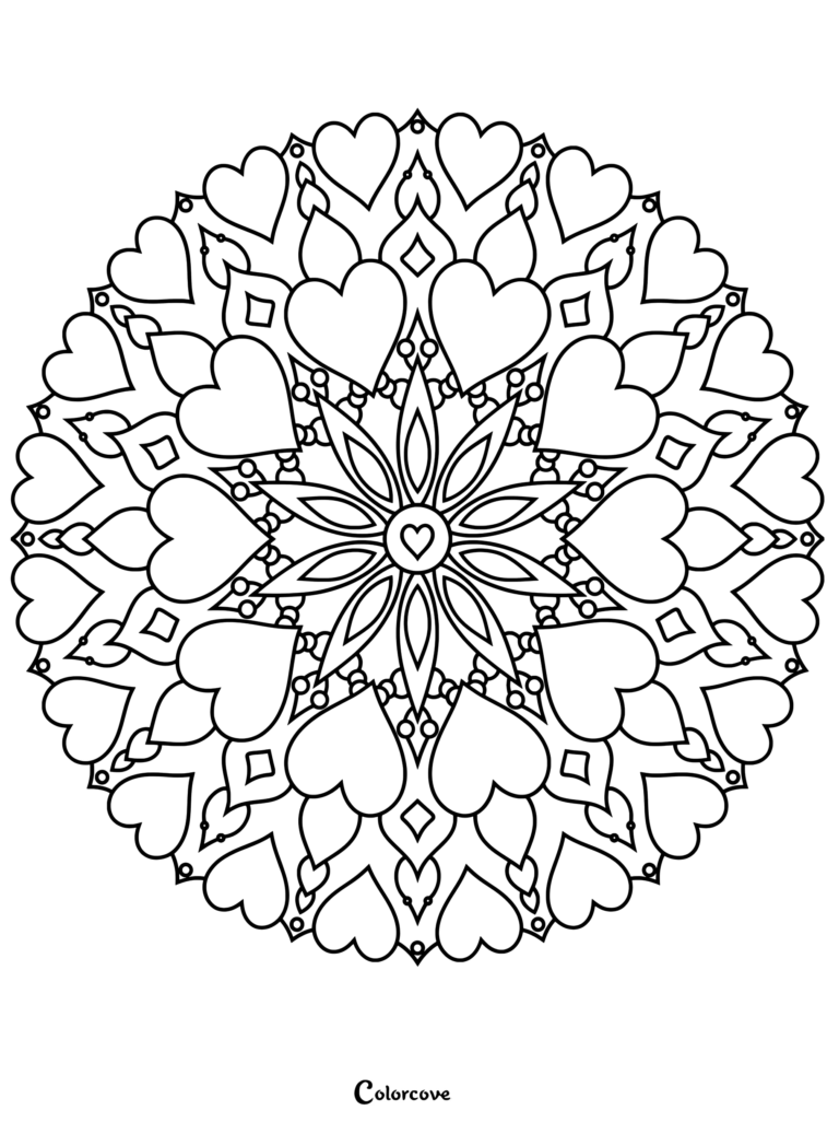 A circular heart mandala coloring page featuring concentric layers of heart shapes and floral petal patterns.