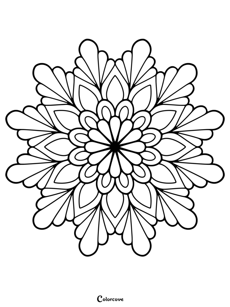 A symmetrical floral mandala coloring page featuring concentric layers of rounded petal shapes.